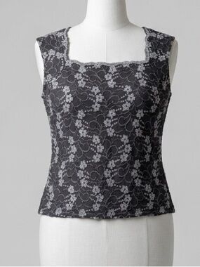 Gantos Vintage 90s Y2K Gray and Silver Metallic Floral Lace Square Neck Top M